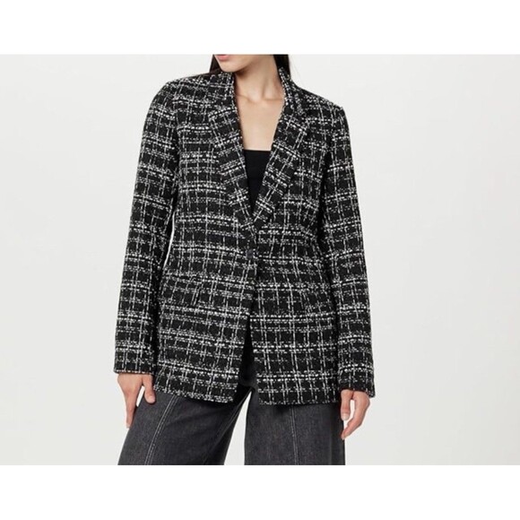 The Drop Blazer Womens Size XS Blake Long Plaid Single Breasted Black Boucle - Picture 14 of 14